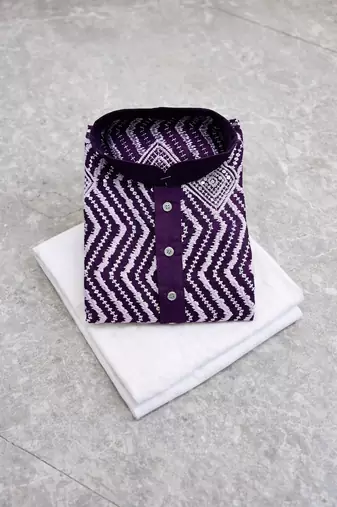 Purple color unique cross pattern white thread embroidery with silver sequence silk men's kurta payjama set