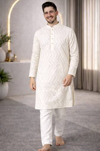 White color unique cross pattern white thread embroidery with silver sequence silk men's kurta payjama set