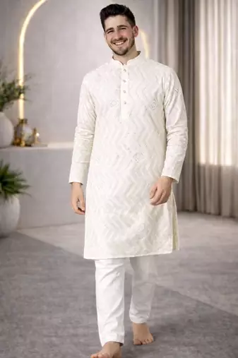 White color unique cross pattern white thread embroidery with silver sequence silk men's kurta payjama set