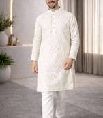White color unique cross pattern white thread embroidery with silver sequence silk men's kurta payjama set