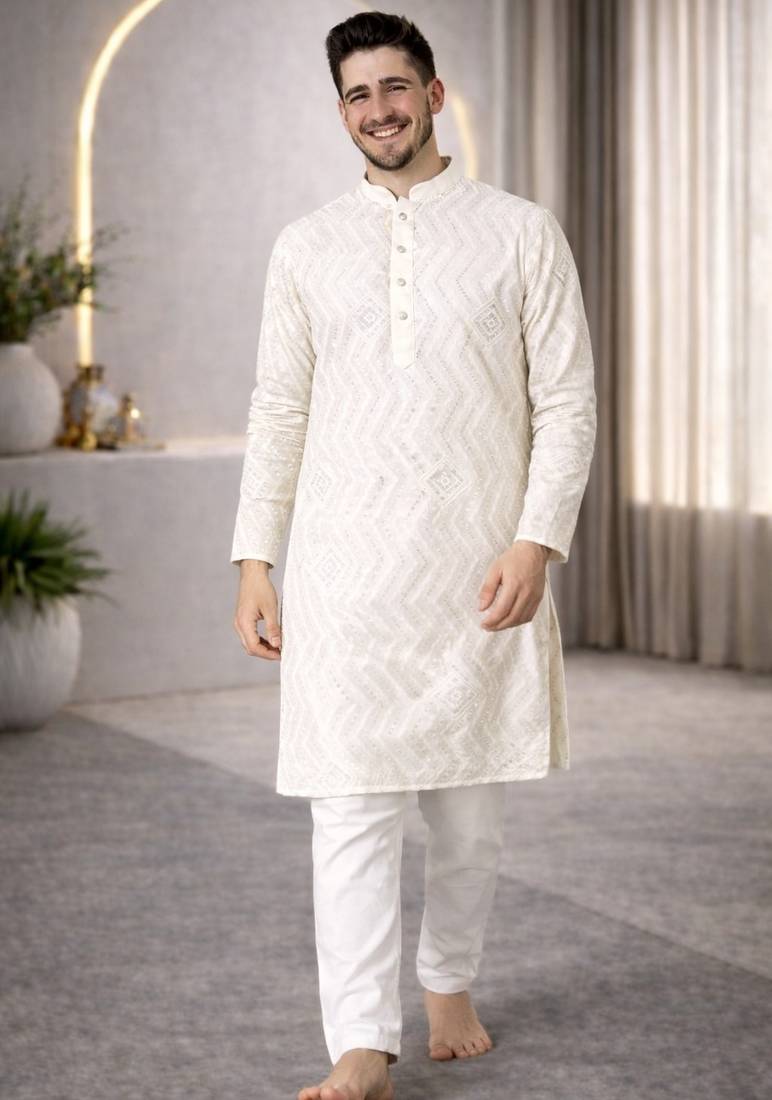 White color unique cross pattern white thread embroidery with silver sequence silk men's kurta payjama set
