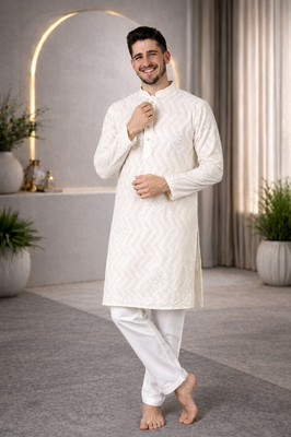 White color unique cross pattern white thread embroidery with silver sequence silk men's kurta payjama set 2