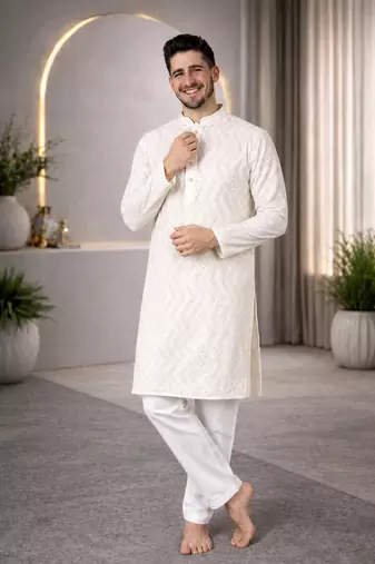 White color unique cross pattern white thread embroidery with silver sequence silk men's kurta payjama set