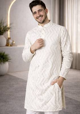 White color unique cross pattern white thread embroidery with silver sequence silk men's kurta payjama set 3