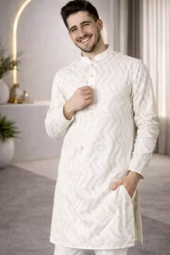 White color unique cross pattern white thread embroidery with silver sequence silk men's kurta payjama set