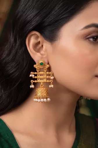 Traditional indian gold plated with green stones earrings
