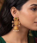Traditional indian gold plated with green stones earrings