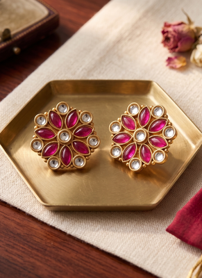 Traditional indian gold plated with white & pink  stones earrings 1