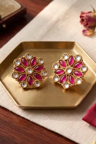 Traditional indian gold plated with white & pink  stones earrings