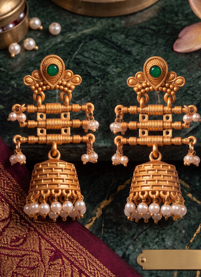 Traditional indian gold plated with green stones earrings 2