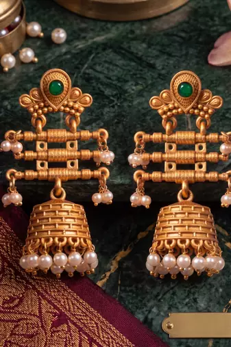Traditional indian gold plated with green stones earrings