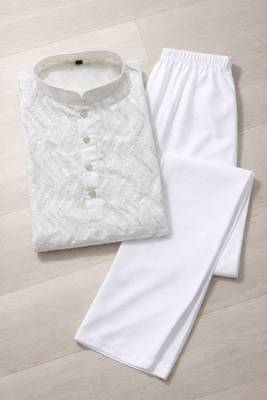 White color unique cross pattern white thread embroidery with silver sequence silk men's kurta payjama set 5