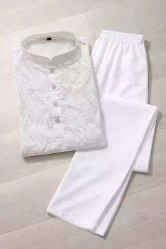 White color unique cross pattern white thread embroidery with silver sequence silk men's kurta payjama set