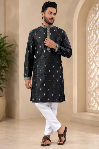 Black color all over silver jari with embroidery buti matka silk men's kurta payjama set