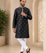 Black color all over silver jari with embroidery buti matka silk men's kurta payjama set