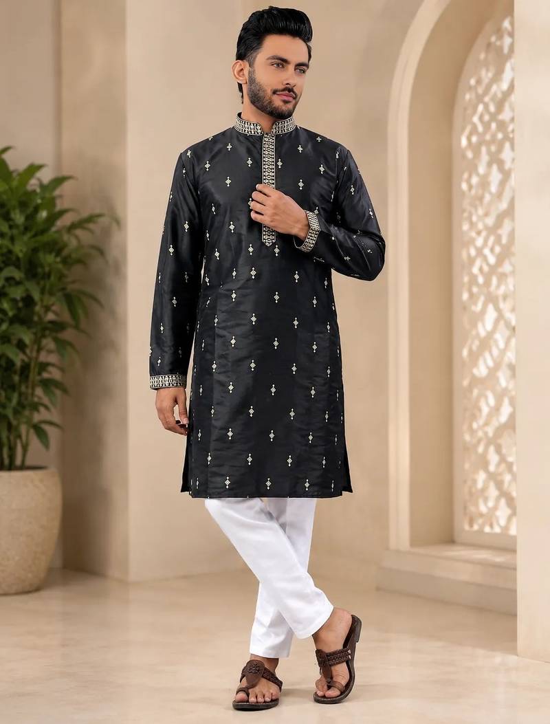 Black color all over silver jari with embroidery buti matka silk men's kurta payjama set