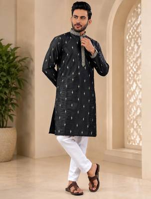 Black color all over silver jari with embroidery buti matka silk men's kurta payjama set 2