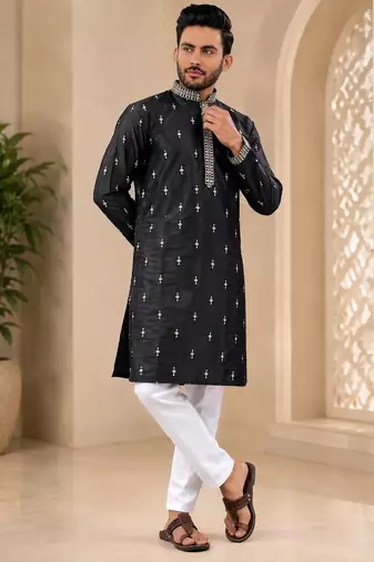 Black color all over silver jari with embroidery buti matka silk men's kurta payjama set