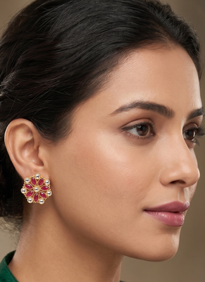 Traditional indian gold plated with white & pink  stones earrings 2