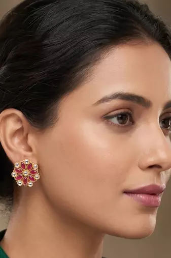 Traditional indian gold plated with white & pink  stones earrings