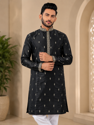 Black color all over silver jari with embroidery buti matka silk men's kurta payjama set 3