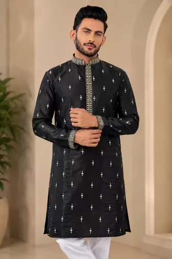 Black color all over silver jari with embroidery buti matka silk men's kurta payjama set