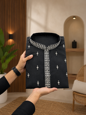 Black color all over silver jari with embroidery buti matka silk men's kurta payjama set 4