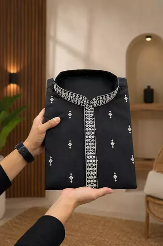 Black color all over silver jari with embroidery buti matka silk men's kurta payjama set