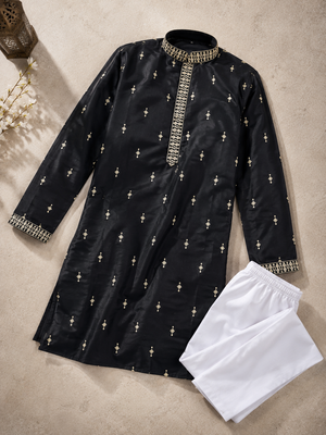 Black color all over silver jari with embroidery buti matka silk men's kurta payjama set 5