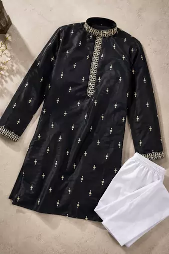 Black color all over silver jari with embroidery buti matka silk men's kurta payjama set