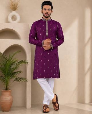 Purple color all over silver jari with embroidery buti matka silk men's kurta payjama set 1