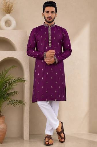 Purple color all over silver jari with embroidery buti matka silk men's kurta payjama set