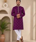 Purple color all over silver jari with embroidery buti matka silk men's kurta payjama set