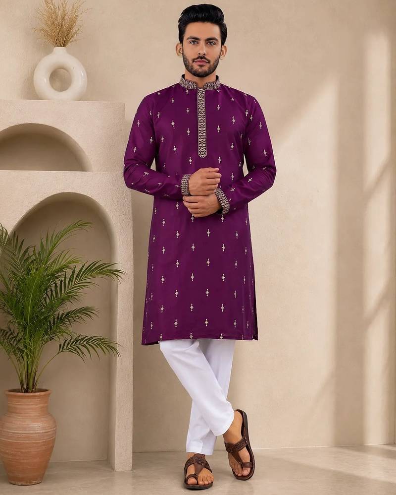 Purple color all over silver jari with embroidery buti matka silk men's kurta payjama set