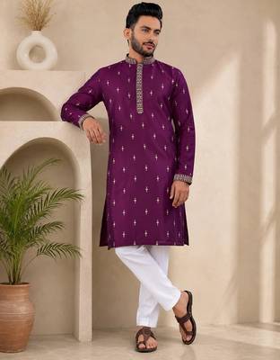 Purple color all over silver jari with embroidery buti matka silk men's kurta payjama set 2