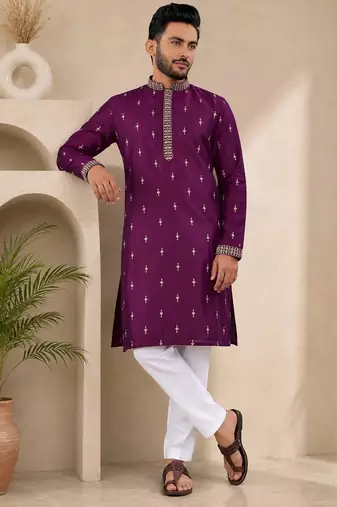 Purple color all over silver jari with embroidery buti matka silk men's kurta payjama set