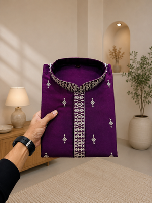 Purple color all over silver jari with embroidery buti matka silk men's kurta payjama set 3