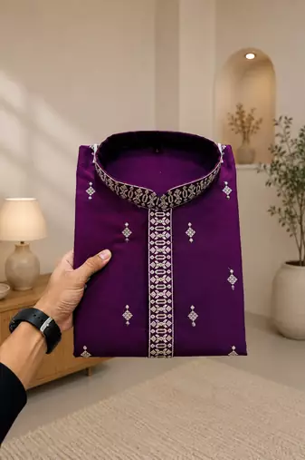 Purple color all over silver jari with embroidery buti matka silk men's kurta payjama set