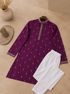 Purple color all over silver jari with embroidery buti matka silk men's kurta payjama set 4