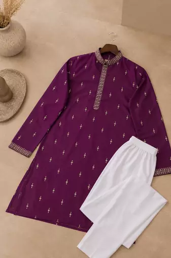 Purple color all over silver jari with embroidery buti matka silk men's kurta payjama set
