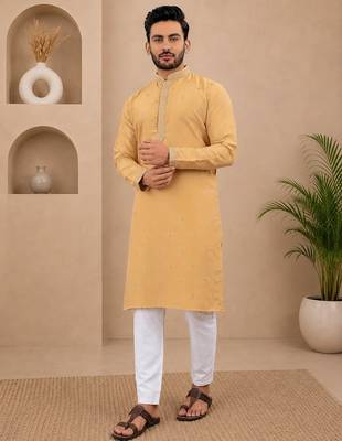 Yellow color all over silver jari with embroidery buti matka silk men's kurta payjama set 1