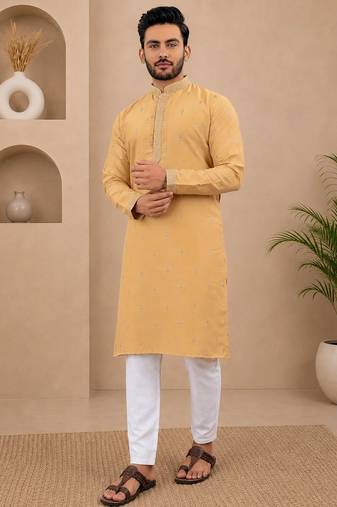 Yellow color all over silver jari with embroidery buti matka silk men's kurta payjama set