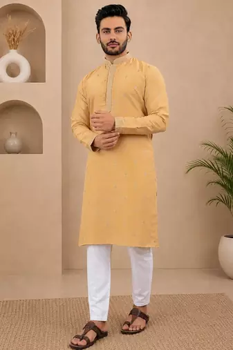 Yellow color all over silver jari with embroidery buti matka silk men's kurta payjama set