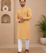 Yellow color all over silver jari with embroidery buti matka silk men's kurta payjama set