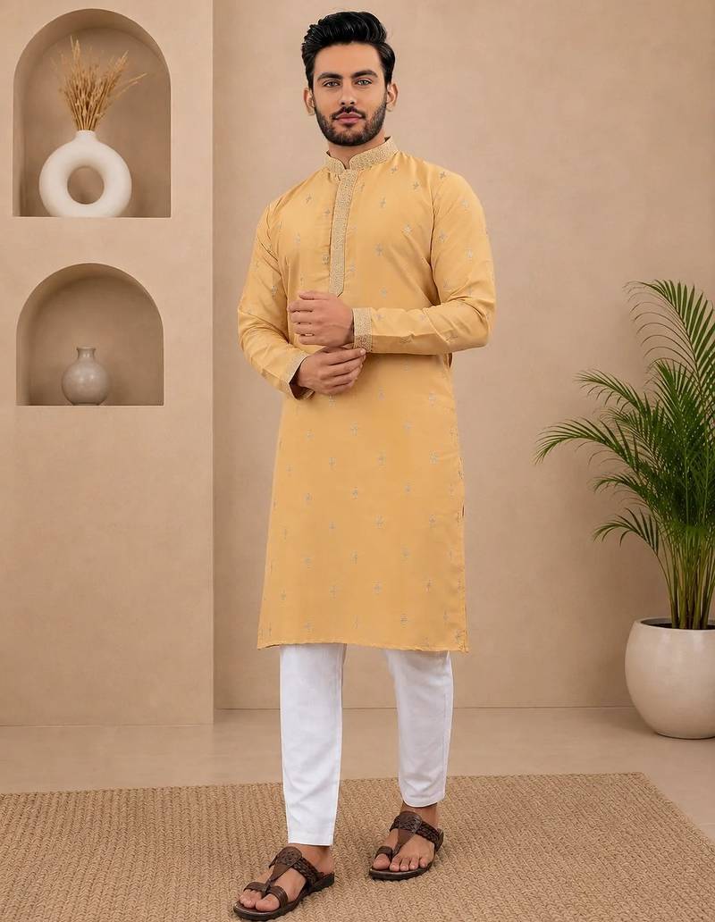 Yellow color all over silver jari with embroidery buti matka silk men's kurta payjama set