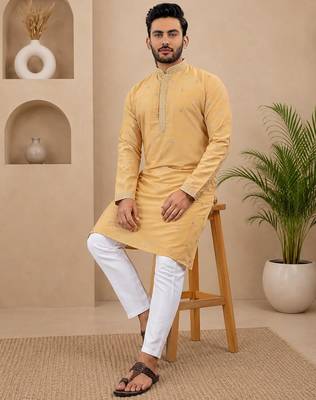Yellow color all over silver jari with embroidery buti matka silk men's kurta payjama set 2