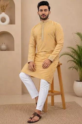 Yellow color all over silver jari with embroidery buti matka silk men's kurta payjama set