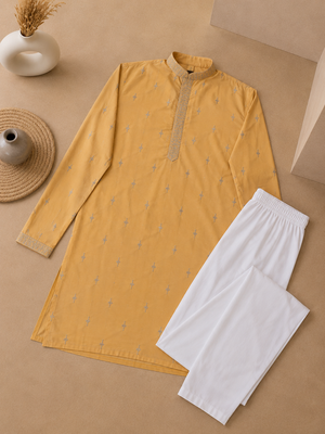 Yellow color all over silver jari with embroidery buti matka silk men's kurta payjama set 4