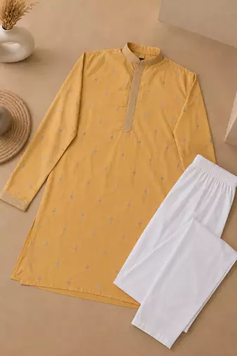 Yellow color all over silver jari with embroidery buti matka silk men's kurta payjama set