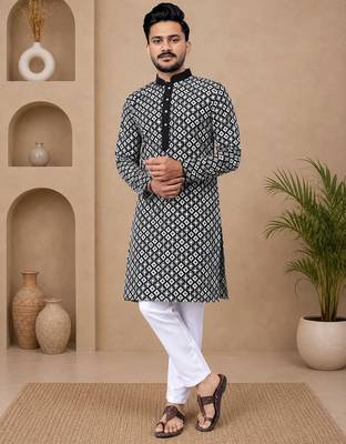 Black color white embroidery thread work with multi sequence silk men's kurta payjama set 1